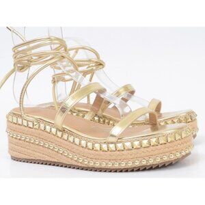 PrettyLIttleThing Gold Metallic Lace Up Studded Espadrille Sandals Women's 7 NEW